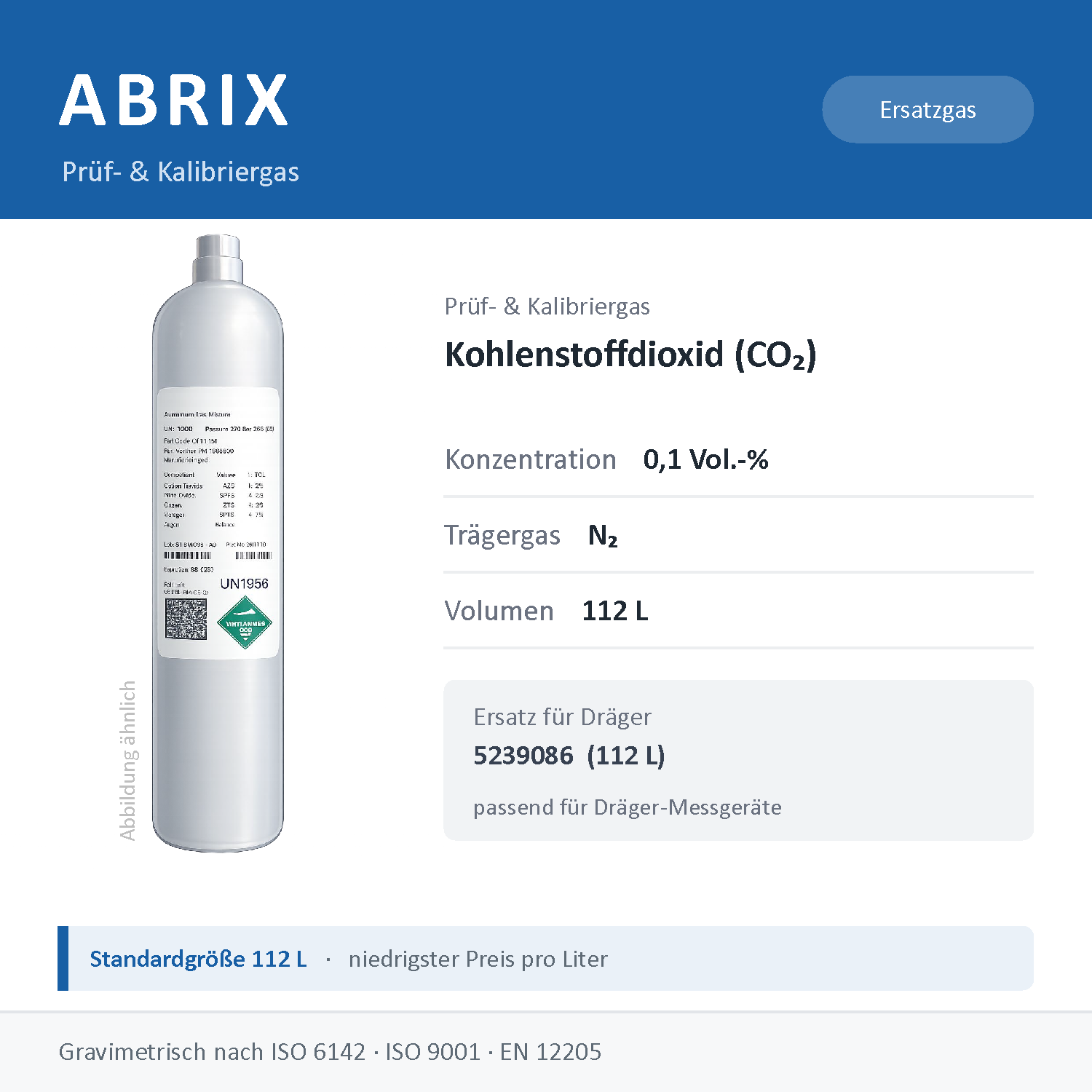 Prüfgas/Kalibriergas Kohlenstoffdioxid (CO2), 112 L, geeignet für Dräger Gaswarngeräte (0,1 Vol.-% in N2)