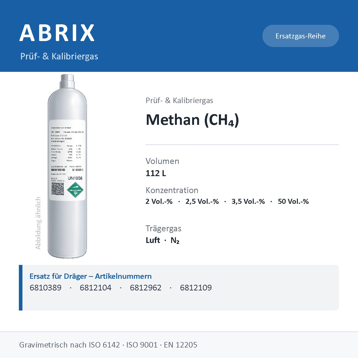 Prüfgas/Kalibriergas Methan (CH4), 112 L, geeignet für Dräger Gaswarngeräte