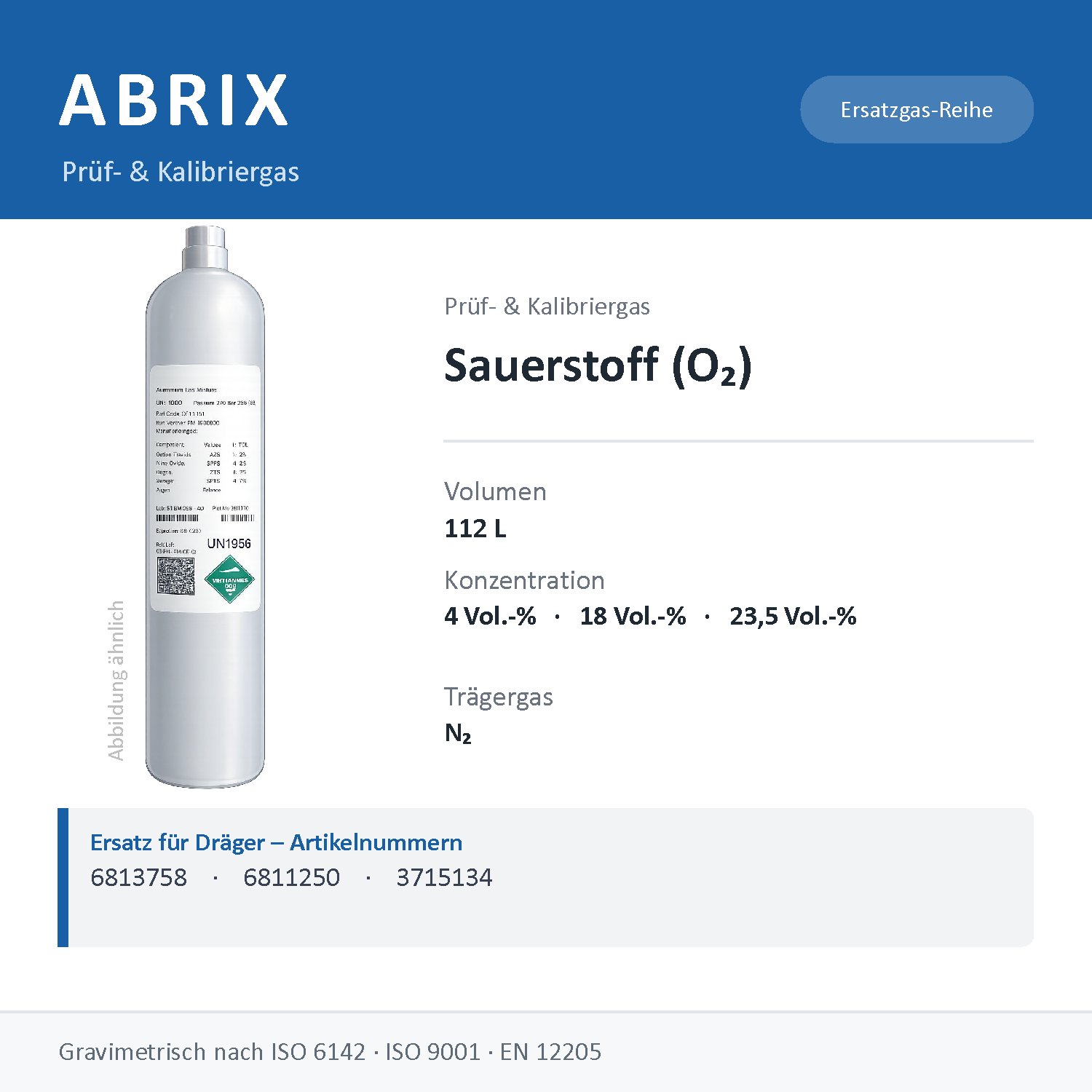 Prüfgas/Kalibriergas Sauerstoff (O2) in N2, 112 L, geeignet für Dräger Gaswarngeräte