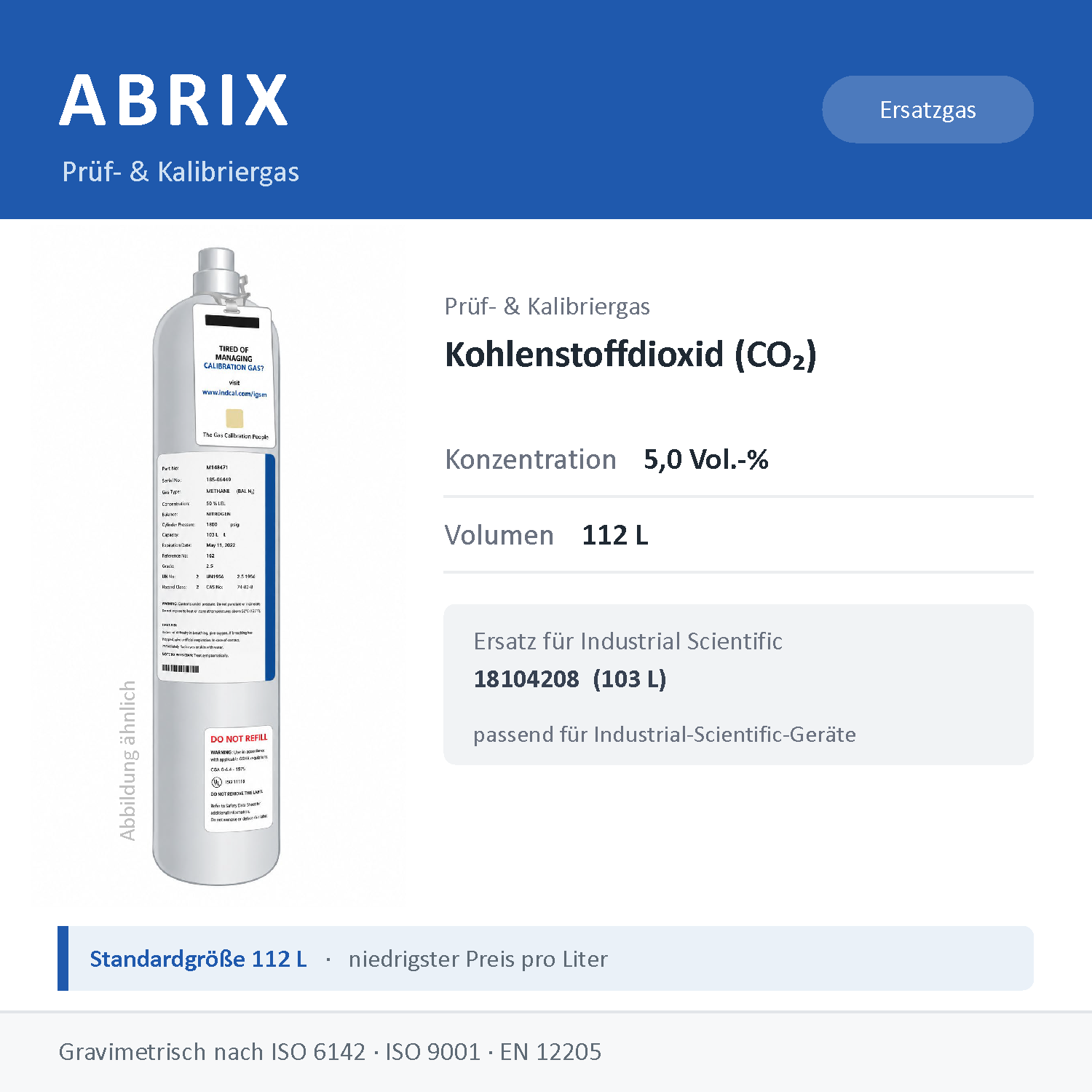 Prüfgas/Kalibriergas Kohlenstoffdioxid (CO2), 112 L, geeignet für Industrial-Scientific-Geräte (5,0 Vol.-%)