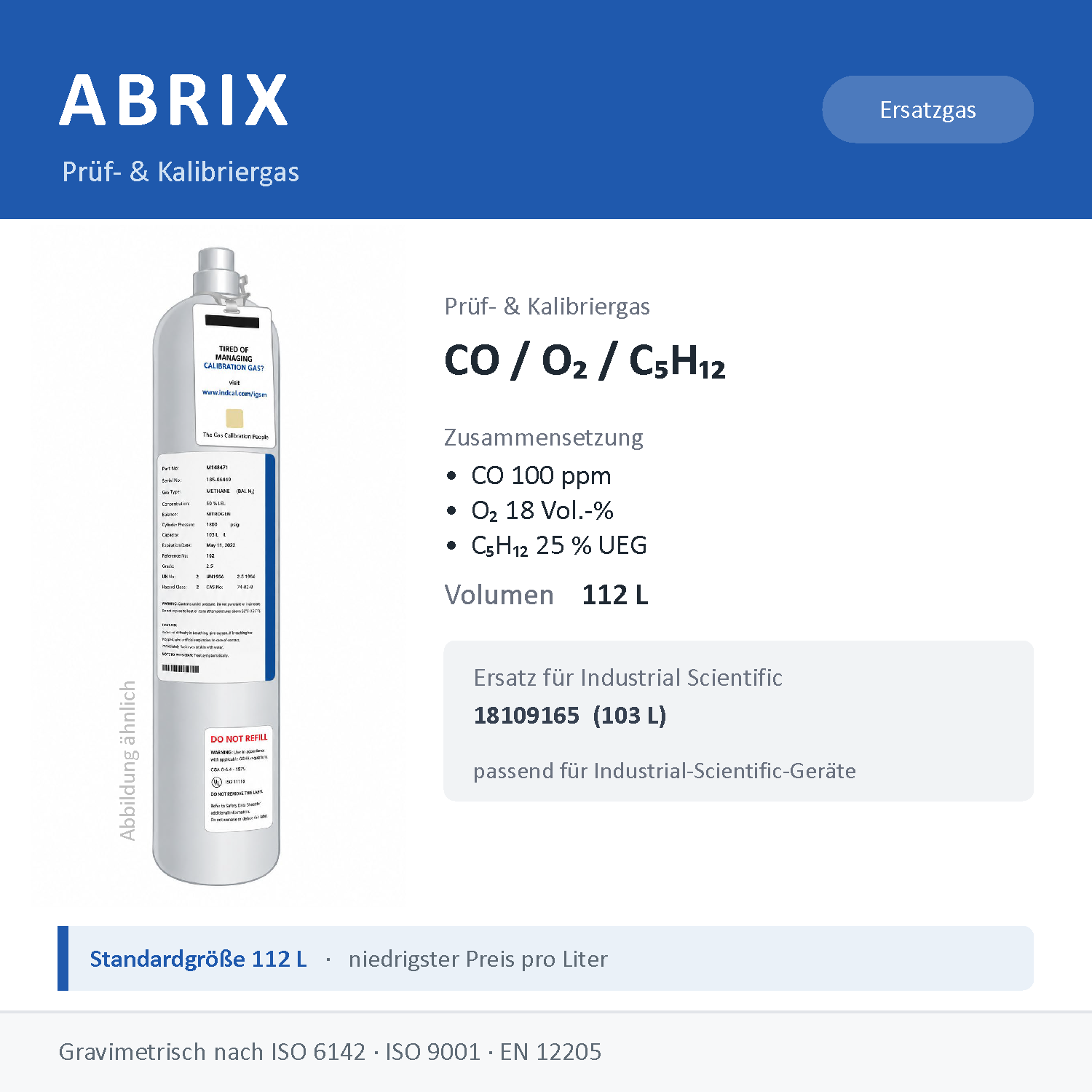 Prüfgas/Kalibriergas CO 100 ppm / O2 18 Vol.-% / C5H12 25 % UEG, 112 L, geeignet für Industrial-Scientific-Geräte