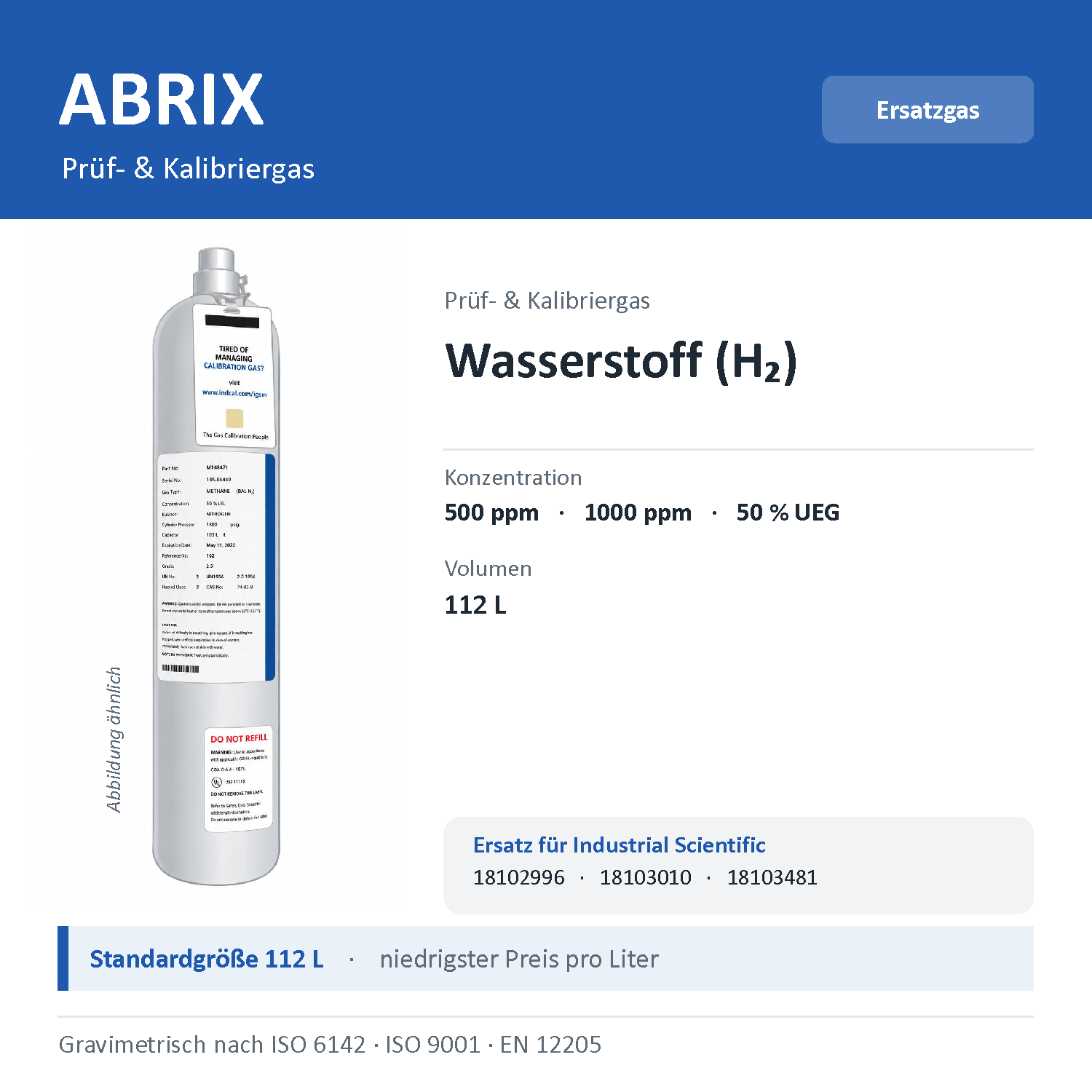 Prüfgas/Kalibriergas Wasserstoff (H2), 112 L, geeignet für Industrial-Scientific-Geräte