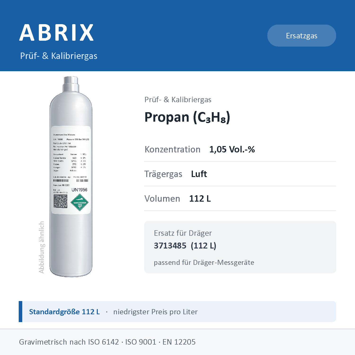 Prüfgas/Kalibriergas Propan (C3H8), 112 L, geeignet für Dräger Gaswarngeräte (1,05 Vol.-% in Luft)