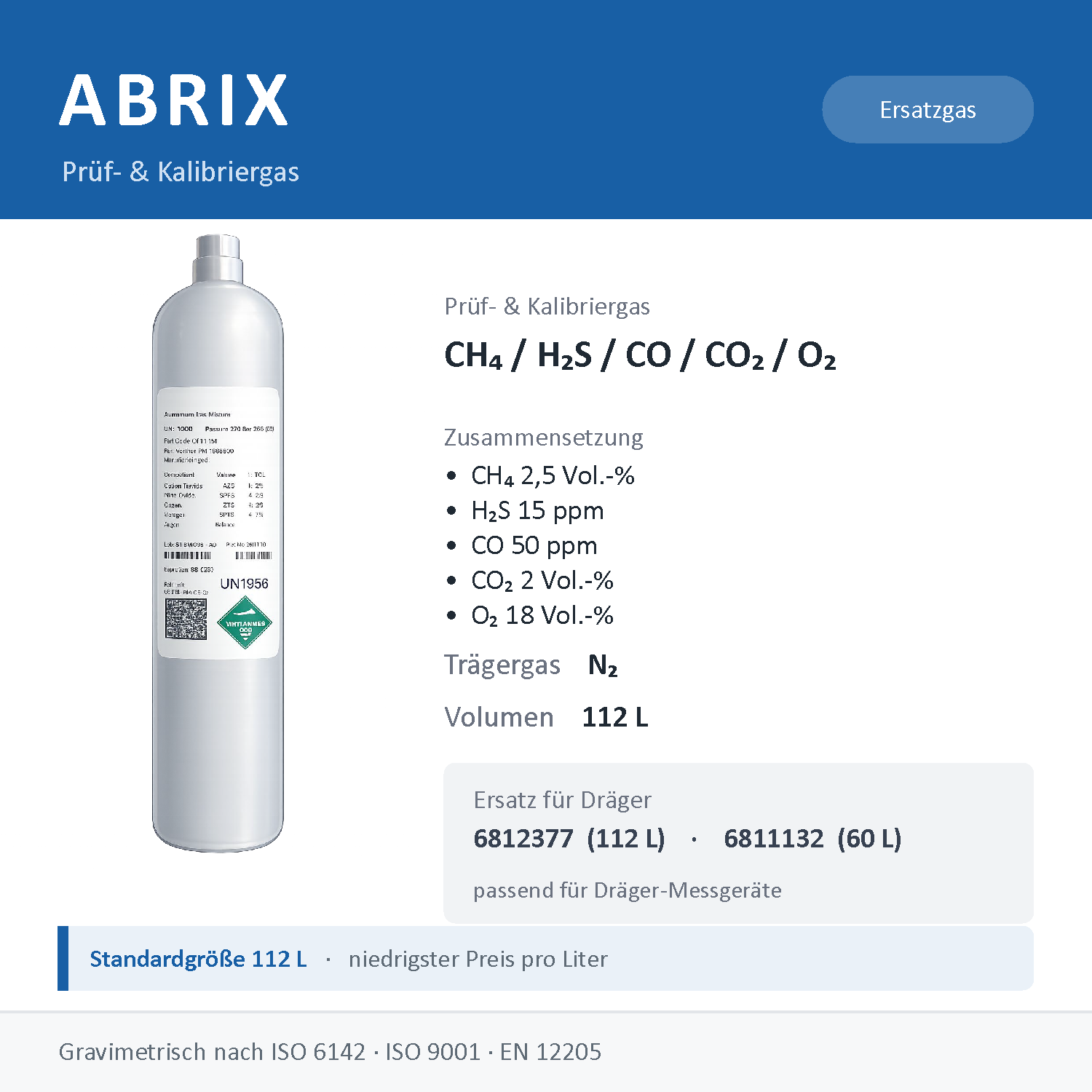 CH₄/ H₂S/ CO/ CO₂/ O₂ in N₂ Prüfgas - Dräger Replacement