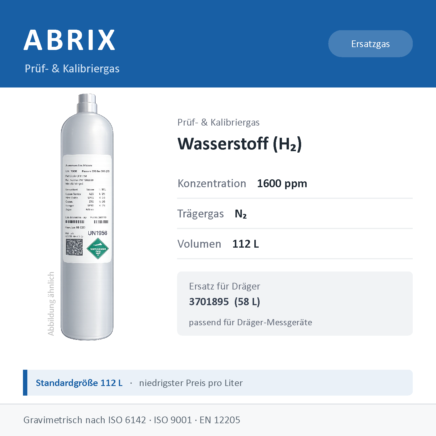 Prüfgas/Kalibriergas Wasserstoff (H2), 112 L, geeignet für Dräger Gaswarngeräte (1600 ppm in N2)