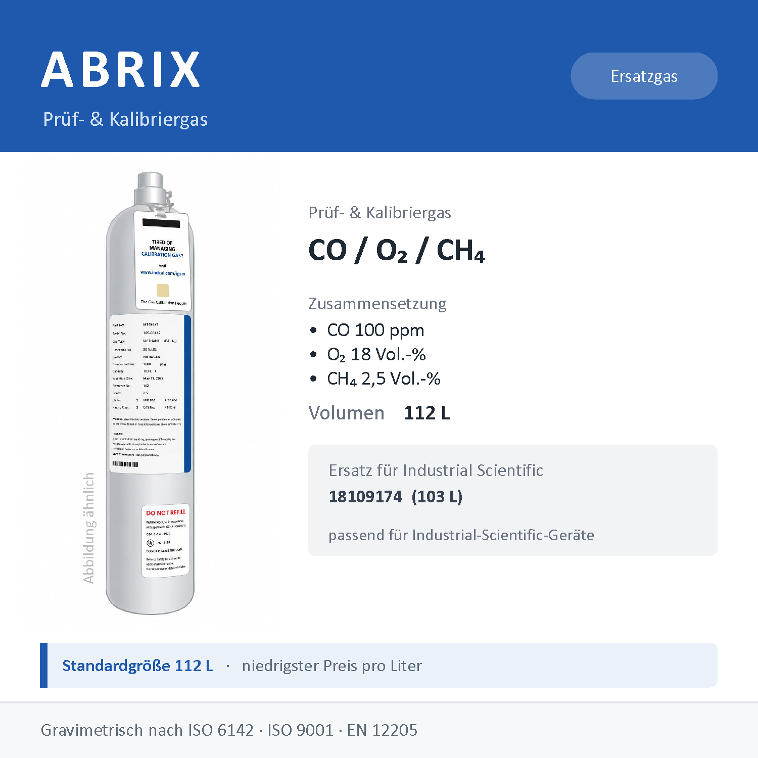 Prüfgas/Kalibriergas CO 100 ppm / O2 18 Vol.-% / CH4 2,5 Vol.-%, 112 L, geeignet für Industrial-Scientific-Geräte