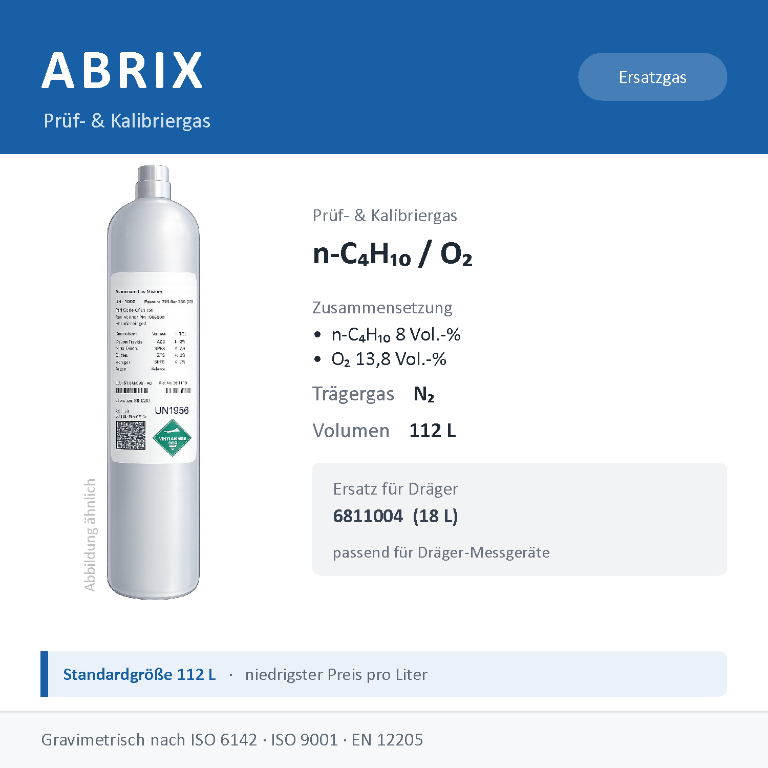 Prüfgas/Kalibriergas n-C4H10 8 Vol.-% / O2 13,8 Vol.-% in N2, 112 L, geeignet für Dräger Gaswarngeräte