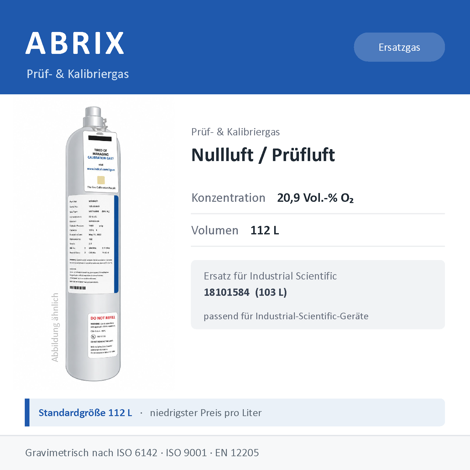 Prüfgas/Kalibriergas Nullluft / Prüfluft 20,9 Vol.-% O₂, 112 L, geeignet für Industrial-Scientific-Geräte