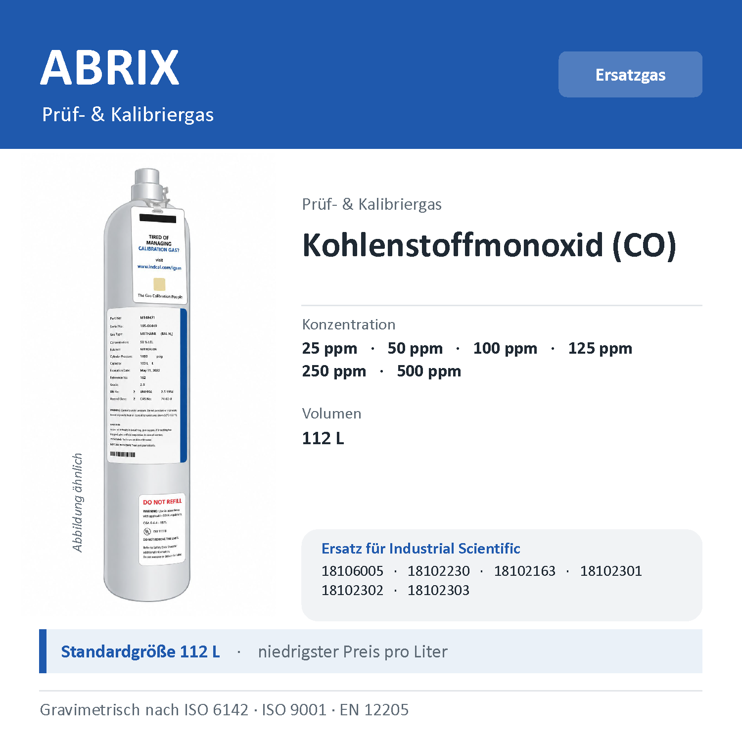 Prüfgas/Kalibriergas Kohlenstoffmonoxid (CO), 112 L, geeignet für Industrial-Scientific-Geräte