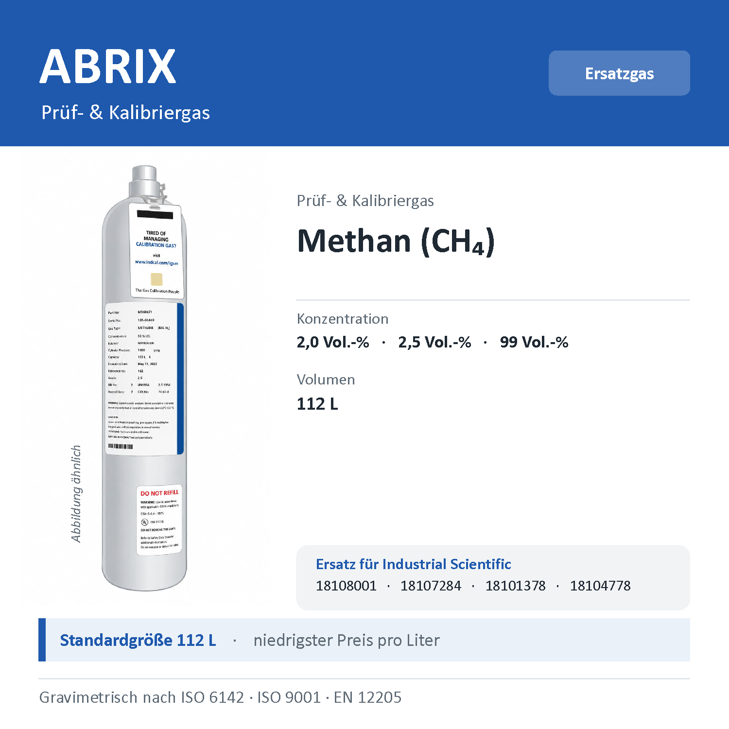 Prüfgas/Kalibriergas Methan (CH4), 112 L, geeignet für Industrial-Scientific-Geräte