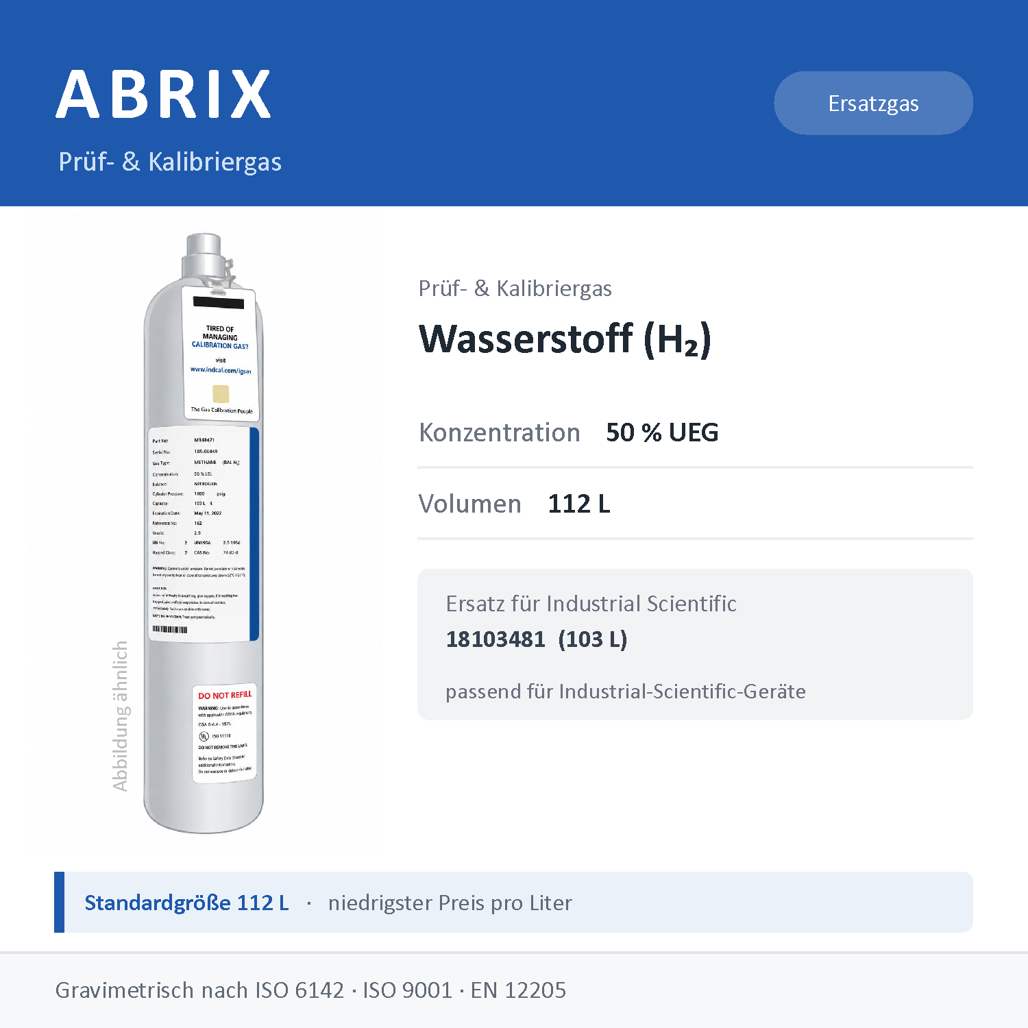 Prüfgas/Kalibriergas Wasserstoff (H2), 112 L, geeignet für Industrial-Scientific-Geräte (50 % UEG)