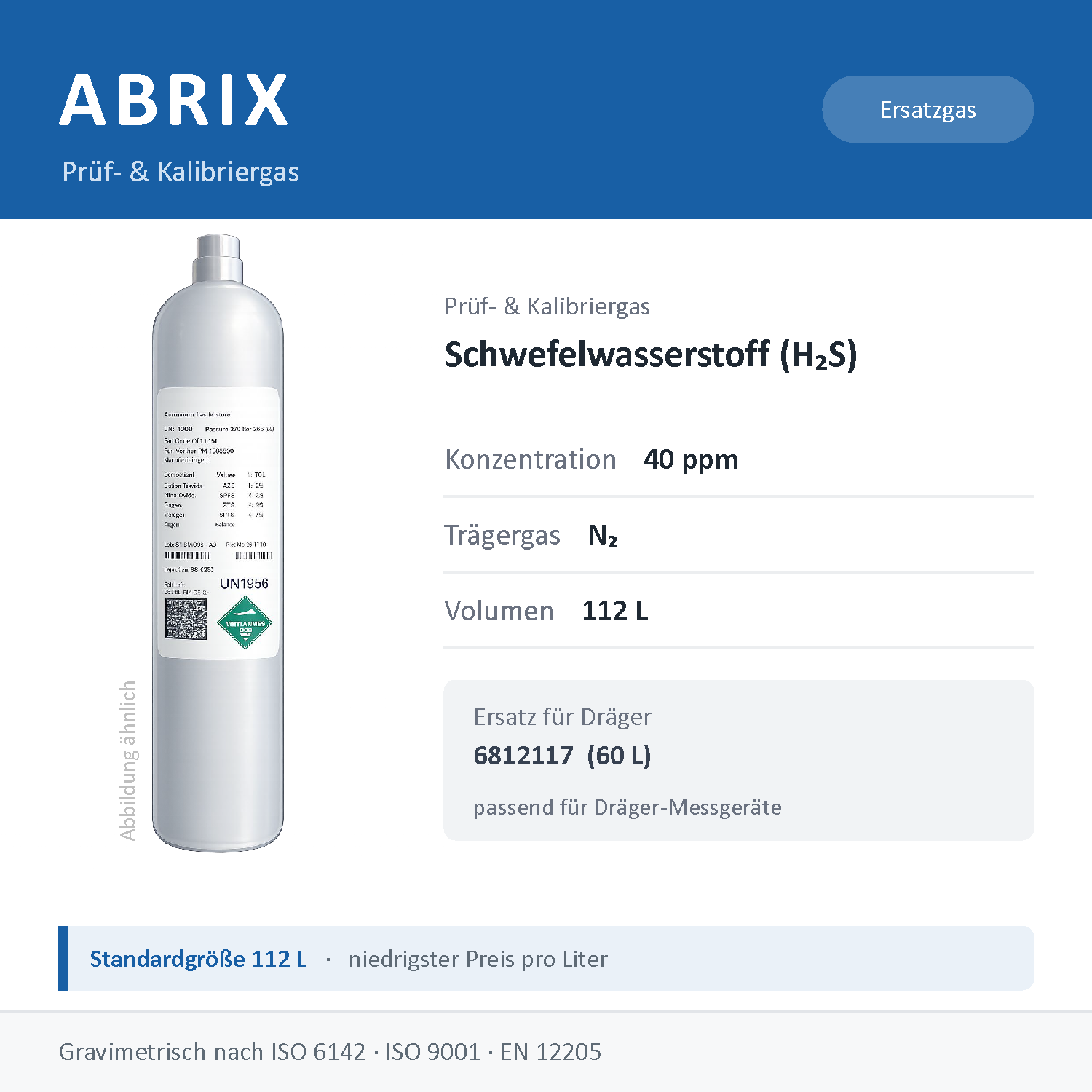 Prüfgas/Kalibriergas Schwefelwasserstoff (H2S) in N2, 112 L, geeignet für Dräger Gaswarngeräte (40 ppm)