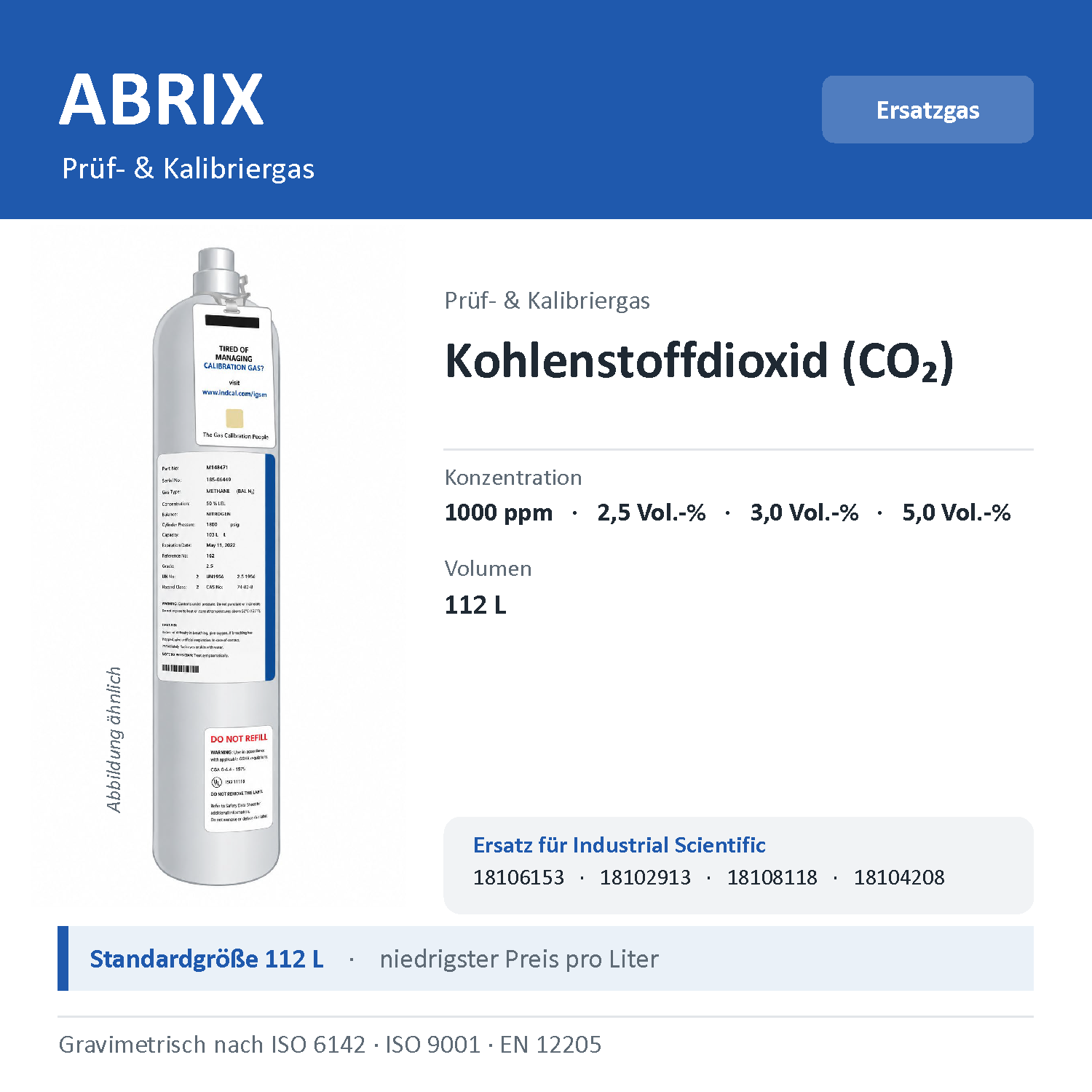 Prüfgas/Kalibriergas Kohlenstoffdioxid (CO2), 112 L, geeignet für Industrial-Scientific-Geräte