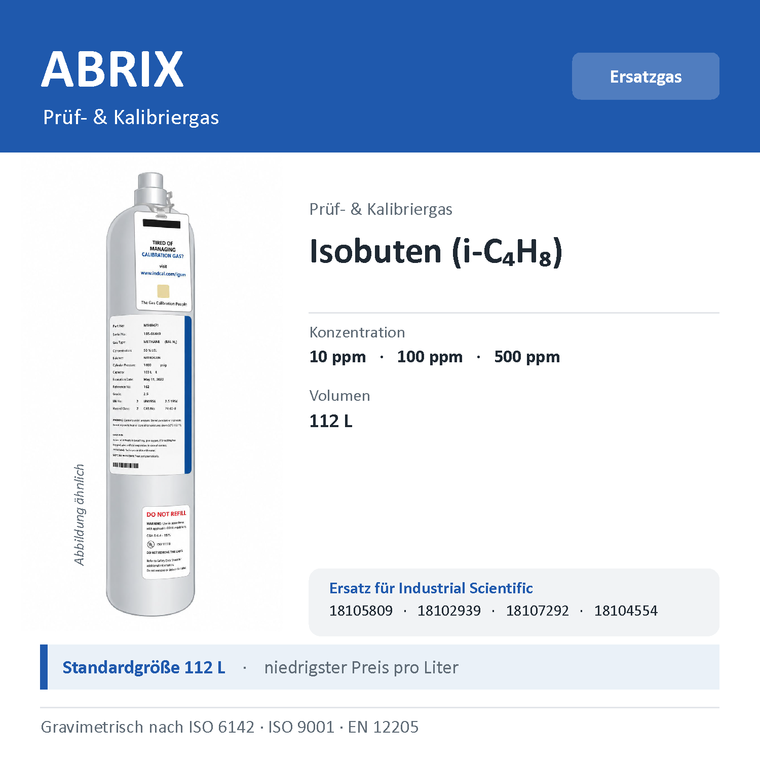 Prüfgas/Kalibriergas Isobuten (i-C4H8), 112 L, geeignet für Industrial-Scientific-Geräte